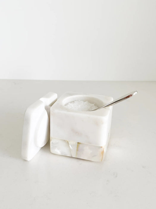 Mother of Pearl Marble Salt Cellar with Spoon-White