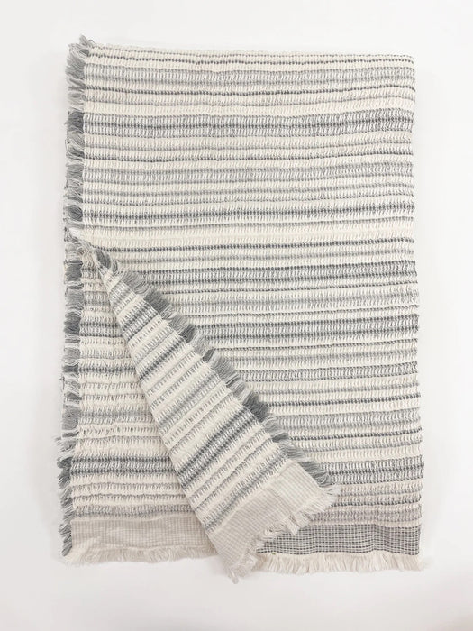 Throw Blanket - Grey and Soft White Crinkled Cotton Stripe with Fringe